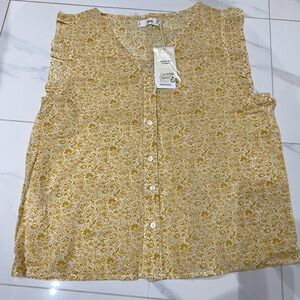 Mango Yellow Floral Button-Front Sleeveless Blouse